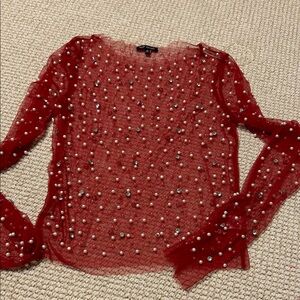 Top Chic Faux Pearl & Rhonetone Studded Red Mesh Long Sleeve New Med